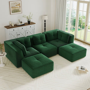English Elm Modern Corduroy U-shaped Sectional with Tufted Cushions Deep Seat and Movable Ottomans Green W714S01797