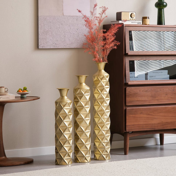 English Elm Metal Antique Gold Decorative Vase Set Of 3 - Modern Geometric Design With 3D Triangle Pattern W2796P193603