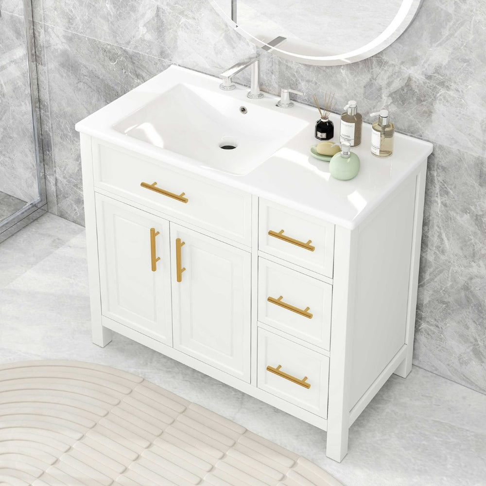 English Elm 36" Freestanding Bathroom Vanity Rubberwood Mdf Ceramic Sink Three Drawers White N725P198316K