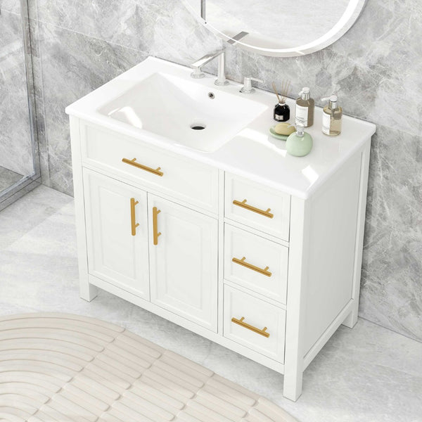 English Elm 36" Matte Freestanding Bathroom Vanity Solid Wood Cabinet Ceramic Sink Three Drawers White N725P364205K