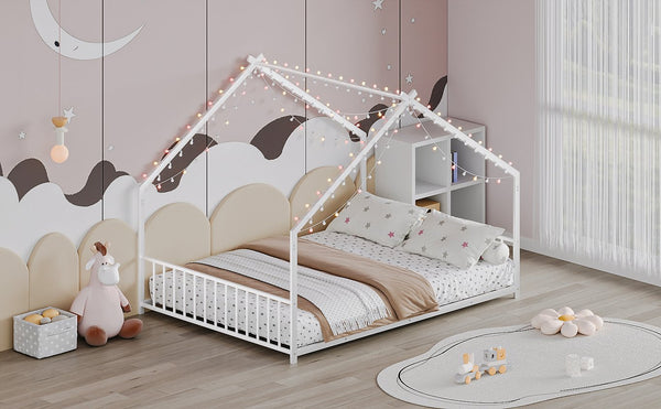 English Elm Full Full-size children's bed frame with LED roof design, white iron house-style frame, sturdy 350lb capacity W1820P356060