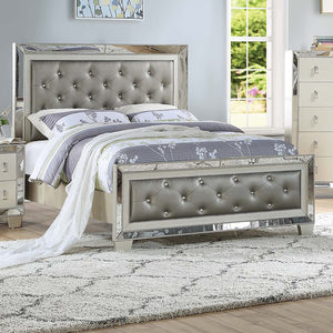 English Elm Glamorous Upholstered Tufted Queen Bed with Mirrored Trim and Luxurious Button Detail for Glam Bedrooms Grey,Silver 87 L x 10 W x 5 H B011S01991