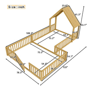 English Elm Full Full Size House Floor Bed with Door & Guardrails, Solid Wood Playful Design for Kids, Safe and Durable Natural W1580P327131