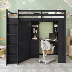 English Elm Twin Loft Bed with Wardrobe Desk Charging Station and Spotlights for Small Rooms Black LT000450AAB