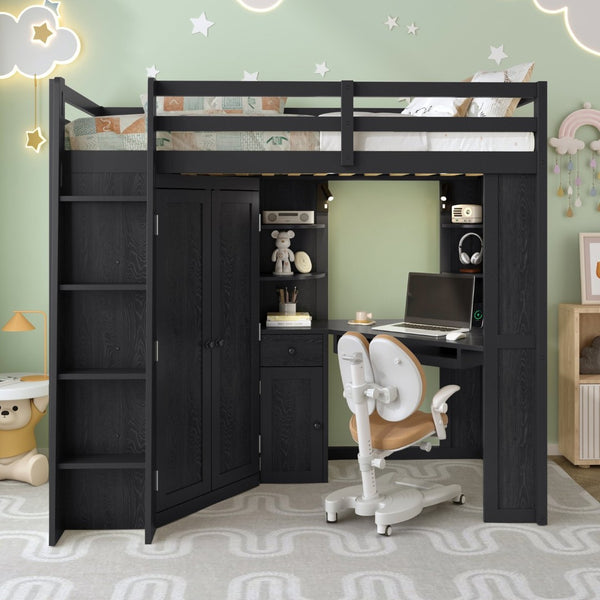 English Elm Twin Loft Bed with Wardrobe Desk Charging Station and Spotlights for Small Rooms Black LT000450AAB