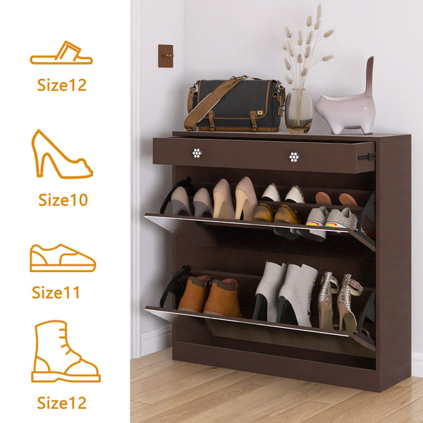 English Elm Mirror Shoe Cabinet with Mirror & Drawer Storage, 4-Tier 16-Pair Organizer, Bright Brown MDF Entryway Unit W760P206336