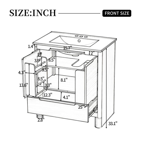 English Elm [video] 30 Inch Freestanding Bathroom Vanity Pine Legs Ceramic Sink Soft Close Storage Oak N759P412928O