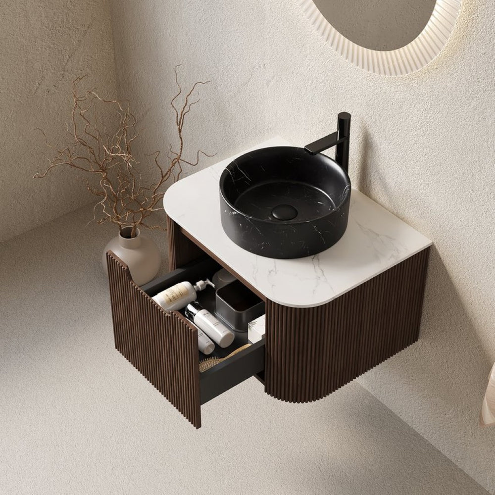 English Elm Dina Floating Bathroom Vanity with Sintered Stone Top and Crystal Glass Basin Black,Carrara White,Walnut W2615S00710