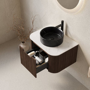English Elm Dina Floating Bathroom Vanity with Sintered Stone Top and Crystal Glass Basin Black,Carrara White,Walnut W2615S00710
