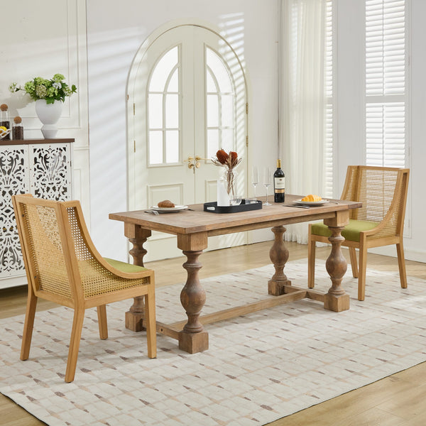 English Elm Rattan Solid Wood Dining Chair with Linen Seat and Decorative Armrests, Rustic Natural Finish Olive Green W1143P335054