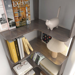 English Elm 6 Tier Freestanding L-Shaped Corner Bookshelf with Anti-Tip, Rounded Corners, 3D Wood Grain Finish Dark Brown W2899P372516