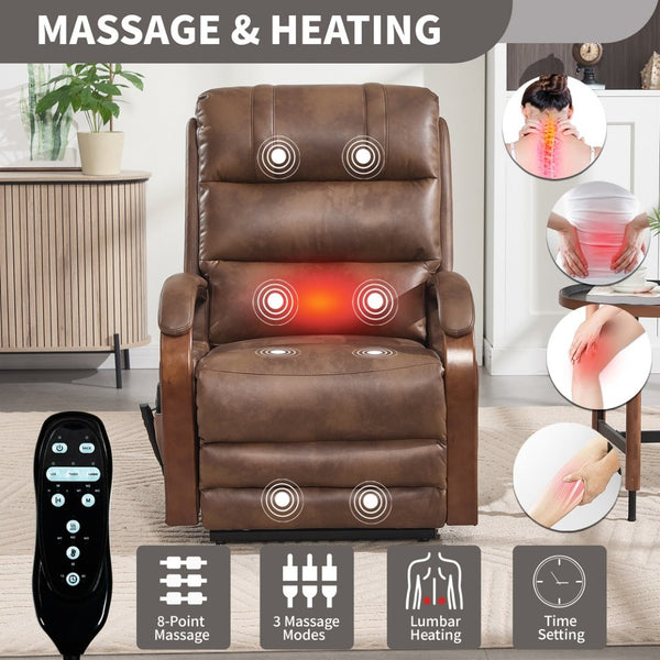 English Elm Power Lift Recliner with Dual Motor Heat Massage Leatheraire and Wood Armrests W1803S00078