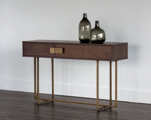 Sunpan Jade Console Table - Unique Acacia Wood Design with Elegant Drawers for Stylish Home Décor Spaces Antique Brass / Dark Mango