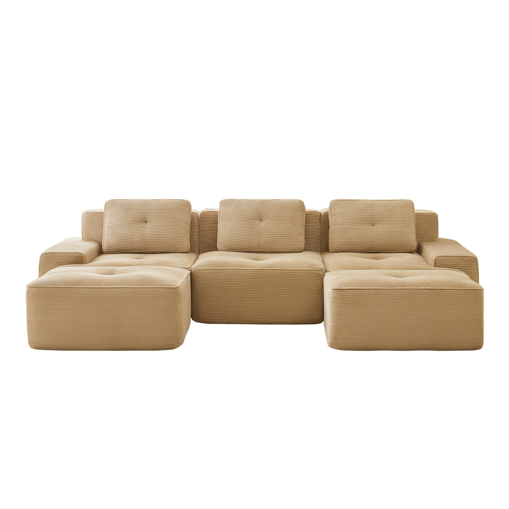 English Elm 117" Modern U-Shaped Modular Sectional Sofa With Movable Ottoman, Plush Camel Corduroy, Ergonomic Comfort W714S01469