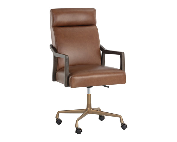 Sunpan Collin Office Chair - Stylish Bovine Leather with Elegant Iron Frame for Modern Workspace Comfort Brushed Gold, Brown, Shalimar Tobacco Leather