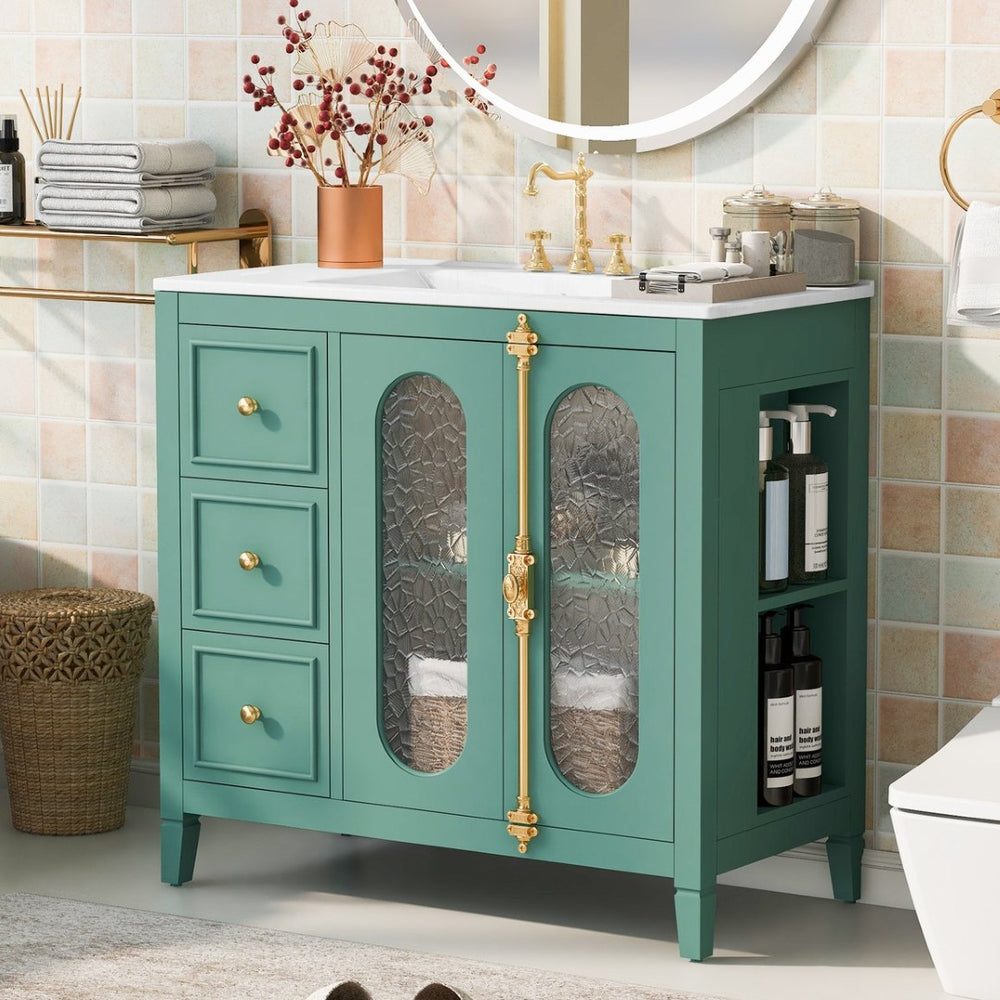 English Elm 36-inch Modern Bathroom Vanity Pine Frame Ceramic Sink 3 Drawers Glass Door Cabinet N710P223192F