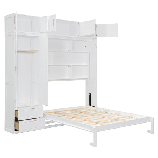 English Elm Queen Murphy Bed with Integrated Desk Cabinet Shelves Space Saving Studio Solution White N708S00022K-2