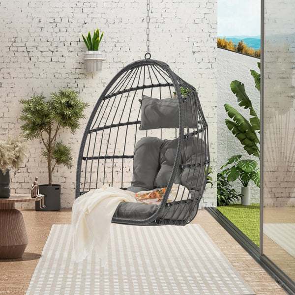 English Elm Outdoor Handwoven Pe Rattan Egg Swing Chair with Steel Frame and Waterproof Cushion W874127488