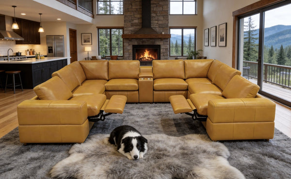 English Elm Premium Leather Match Sectional with Dual Recliners Console and Cup Holders Included Ginger B2748S00155