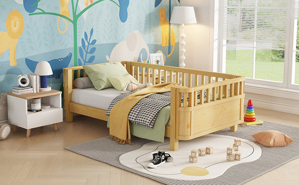 English Elm Twin Solid Pine Platform Bed with Guardrail for Kids, Low-Profile Twin Frame Durable 250LB Capacity W2593P367051