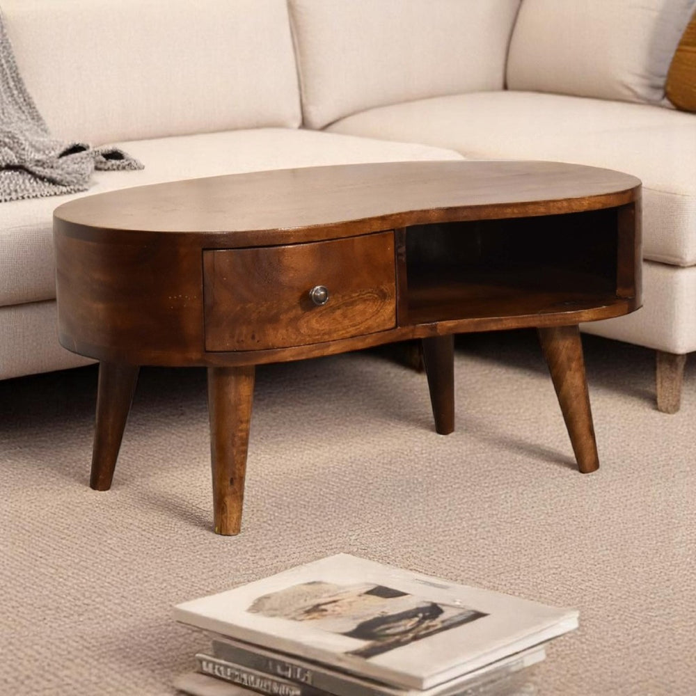 English Elm Solid Wood Mini Coffee Table With Drawer And Open Shelf - Handcrafted Chestnut Wave Design, Nordic Legs B182P279314-GIGA