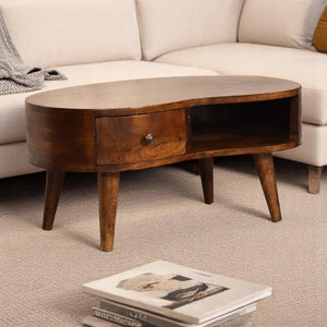 English Elm Solid Wood Mini Coffee Table With Drawer And Open Shelf - Handcrafted Chestnut Wave Design, Nordic Legs B182P279314-GIGA