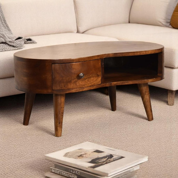English Elm Solid Wood Mini Coffee Table With Drawer And Open Shelf - Handcrafted Chestnut Wave Design, Nordic Legs B182P279314-GIGA