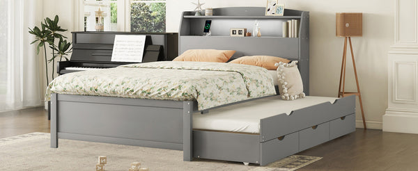 English Elm Full Size Wooden Led Platform Bed With Trundle, Storage Headboard & Usb Charging – Gray Finish N820S10009E