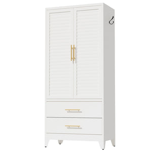 English Elm White Steel Freestanding Wardrobe Cabinet with Rod and Shelves for Dorm or Apartment T2398P480393