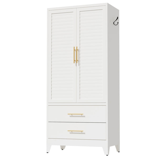 English Elm White Steel Freestanding Wardrobe Cabinet with Rod and Shelves for Dorm or Apartment T2398P480393