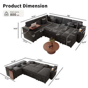 English Elm 100-inch Corduroy U-shaped Sectional Sleeper Sofa with Usb Port and Hidden Storage Dark Gray W2564S00135