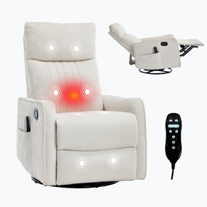 English Elm Beige Fabric Swivel Rocker Recliner with Massage Nodes and Lumbar Heat for Living Room Beige W1803P363421