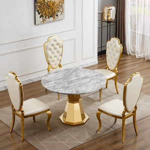 English Elm 47" Round Marble Dining Table - Luxurious Faux Marble Top & Gold Stainless Steel Base For Modern Homes W3456S00006