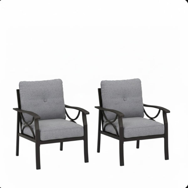 English Elm Set of 2 Outdoor Steel Armchairs Powder Coated Matte Frame with Cushioned Patio Seating Black+ Gray B082P455145