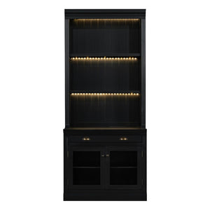 English Elm 83.4"tall Two-piece Bookcase Suite with Led Shelves Tempered Glass Doors Matte Black N751S059521B