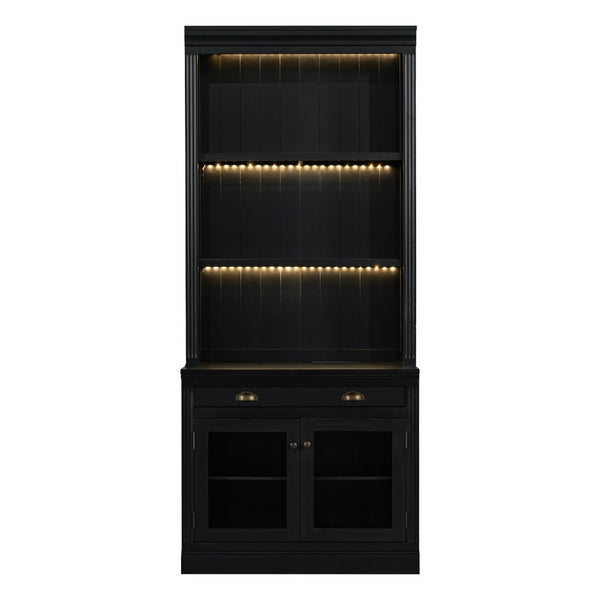 English Elm 83.4"tall Two-piece Bookcase Suite with Led Shelves Tempered Glass Doors Matte Black N751S059521B