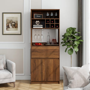 English Elm Kitchen Walnut Buffet Cabinet with Wine Rack Open Shelving Drawers and Closed Storage W331P425319