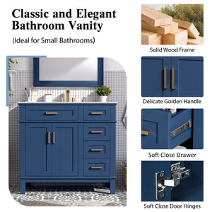 English Elm 36" Navy Bathroom Vanity Solid Wood Frame Ceramic Sink Gold Hardware Soft Close Blue N729P380151C
