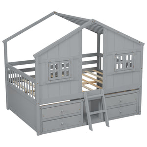 English Elm Full Size House Loft Bed With Roof & Windows, 4 Storage Drawers, Safe Pine Frame In Grey Finish W504S00241