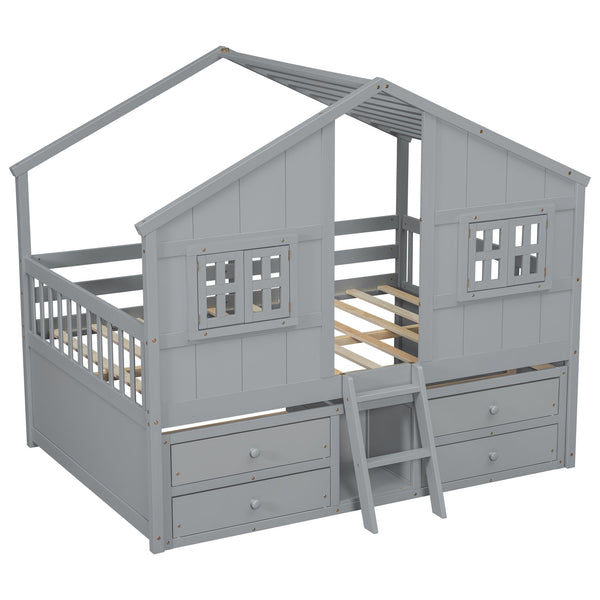 English Elm Full Size House Loft Bed With Roof & Windows, 4 Storage Drawers, Safe Pine Frame In Grey Finish W504S00241
