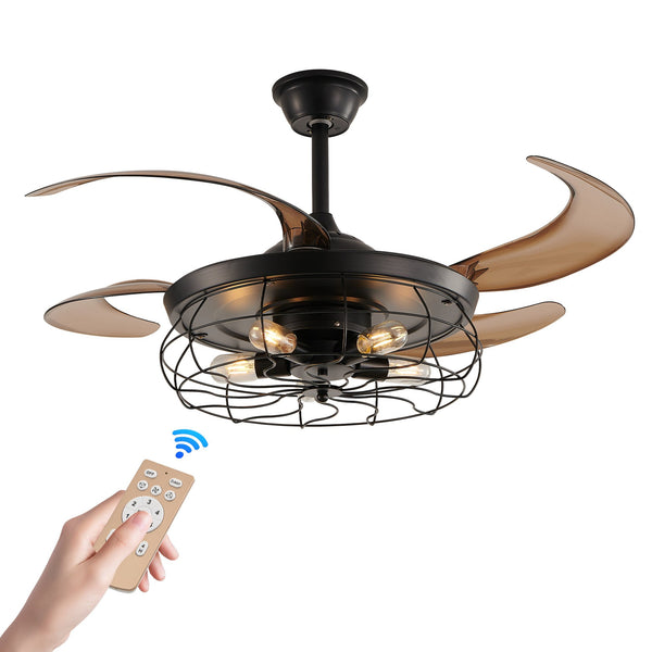 English Elm 48" Industrial Black Ceiling Fan Light with 4-Blade Cage, Remote, Silent DC Motor, Reversible Speed W2312P374994