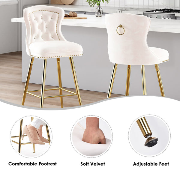 English Elm Bar Stools Set Of 2 In Beige Velvet With Gold Metal Legs, Wing-Back Design For Kitchen & Dining T3623P363044