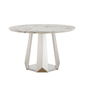 English Elm 47" Round Marble Dining Table - Modern High-Gloss Faux Marble Top With Stainless Steel Base For Style W3456S00007