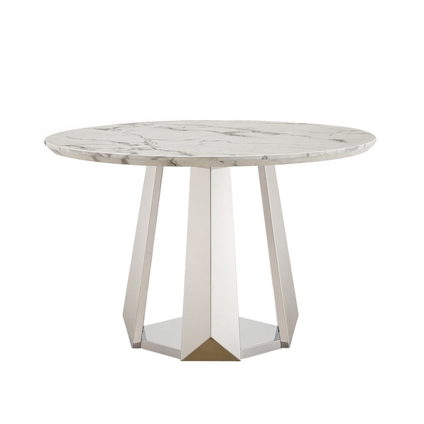 English Elm 47" Round Marble Dining Table - Modern High-Gloss Faux Marble Top With Stainless Steel Base For Style W3456S00007