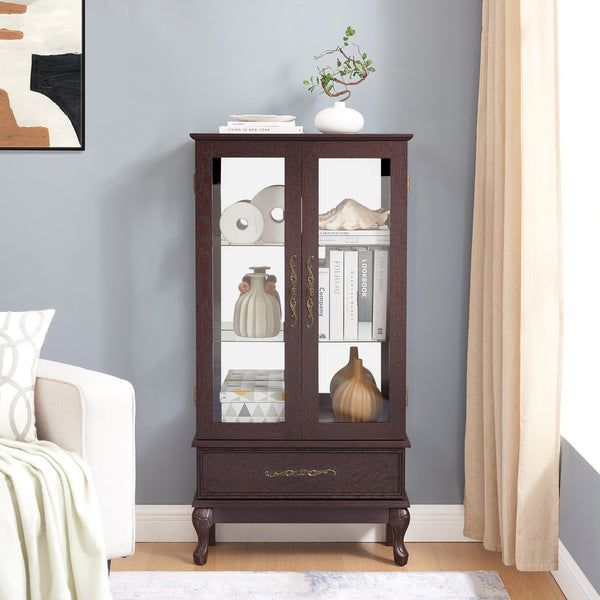 English Elm Curio Lighted Glass Display Cabinet with Adjustable Shelves, Vintage Drawer & Carved Metal Handle, Dark Finish Cherry W2275P199813