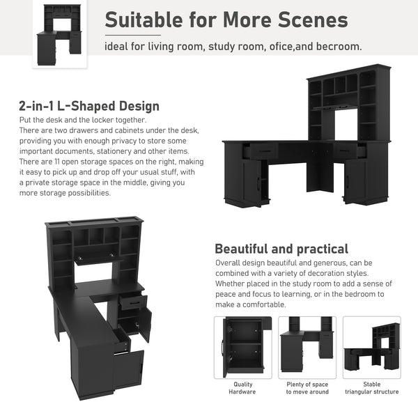 English Elm L-shaped computer desk with ample storage 11 shelves, 3 cabinets, 2 drawers, flip-up shelf for workspaces Black W1580S00189