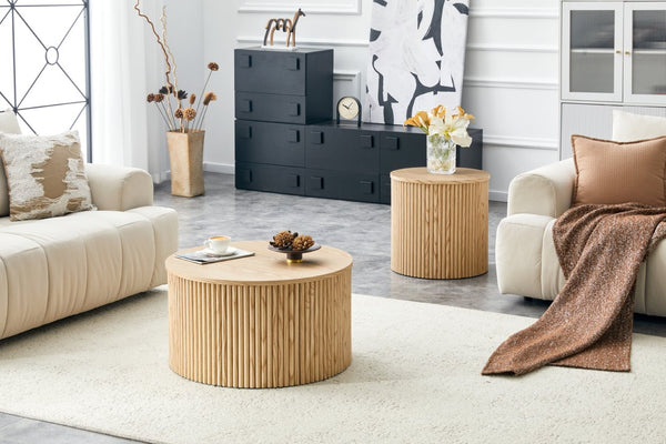 English Elm 2-piece Round Nesting Tables with Fluted Column Base Hidden Storage Oak Grain Finish Wood W3875P396797