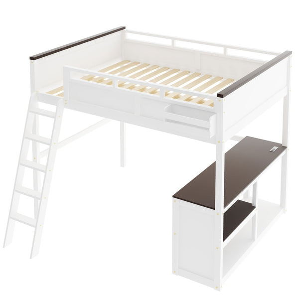 English Elm Queen Size Loft Bed With Desk, Usb Charging, Storage Box & Open Shelves For Organized Living Space N7090005002W-GIGA