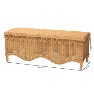 English Elm Modern Bohemian Woven Rattan Seat Mahogany Frame Entryway Bedroom Accent Bench B2750P467765