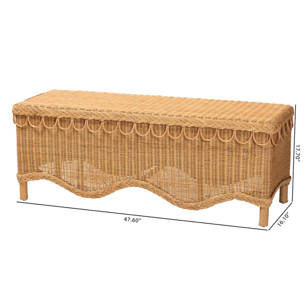 English Elm Modern Bohemian Woven Rattan Seat Mahogany Frame Entryway Bedroom Accent Bench B2750P467765